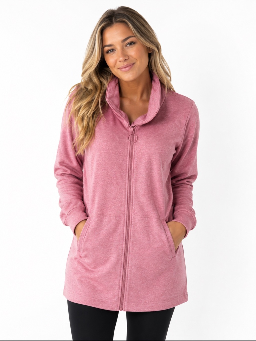 Cozy Pink Full-Zip Funnel Neck Hoodie - Picture 3 of 3